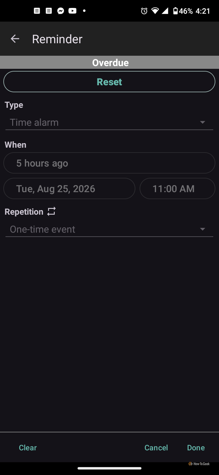 Android phone showing ColorNote Calender settings for an entry marked as overdue
