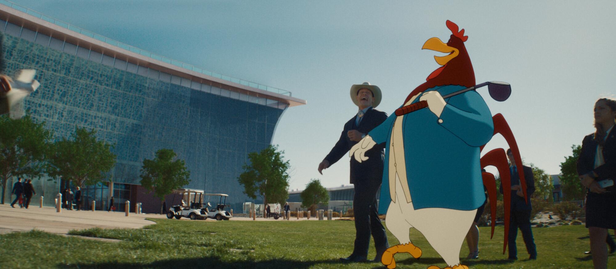 A man in a cowboy hat has a laugh on a golf course with a large animated rooster.