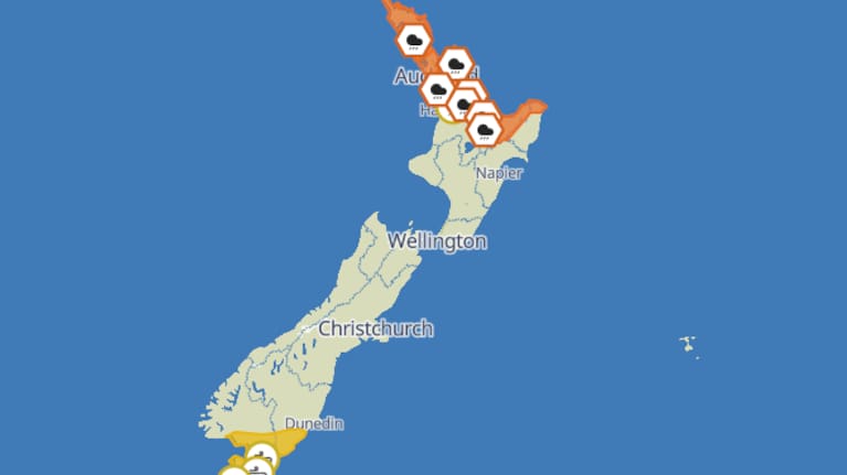 The current weather warnings in place for New Zealand.