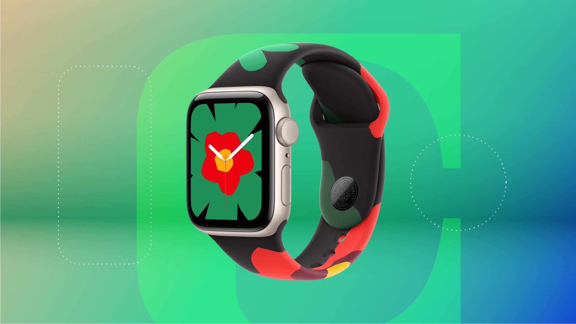 A black smartwatch with a floral print pattern against a green gradient CNET background.