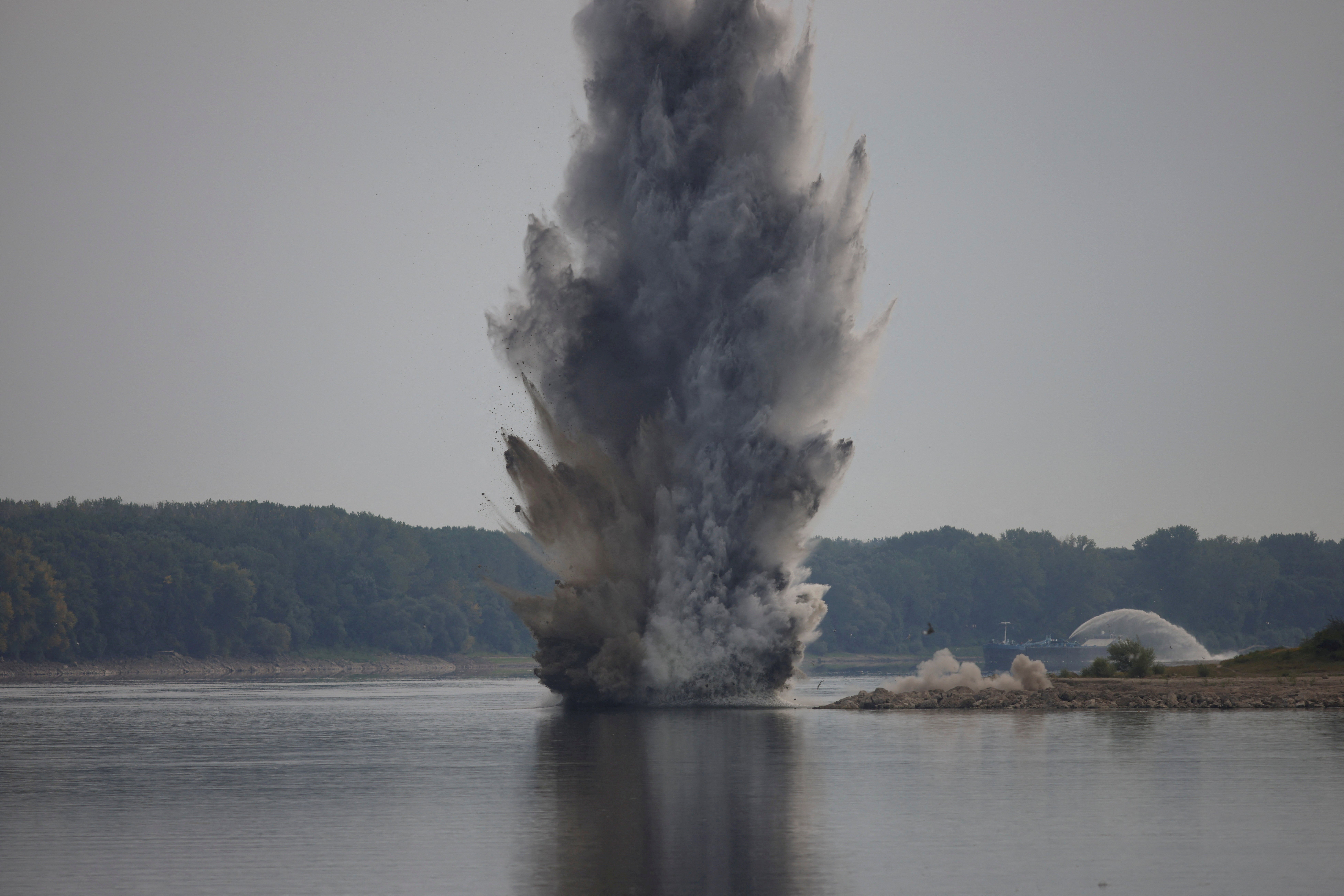 Romanian Navy blasts rocks in controlled explosions on the Bala channel to divert the Danube water flow toward the Cernavoda nuclear power plant