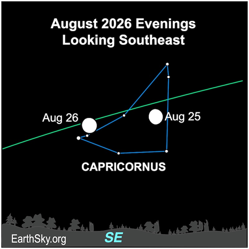 A nearly round disk, the moon, passes through the middle of a large group of seven dots, the stars of the "arrowhead" shape of Capricornus. They are all above a wavy line, the southeastern horizon.