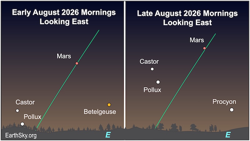 Two charts: In the first, two dots, the stars Castor and Pollux, and a third dot, Betelgeuse, are above a jagged line, the eastern horizon. Another dot, Mars, is above them all. In the second chart, a new dot, the star Procyon, appears above the jagged line. Two dots, Castor and Pollux, have climbed higher above the jagged line. The dot of Mars lies above them all.