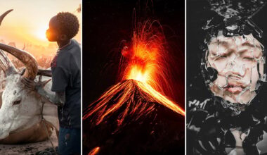 A triptych showing a boy with a cow at sunset, a volcanic eruption at night, and a person's face behind shattered glass.