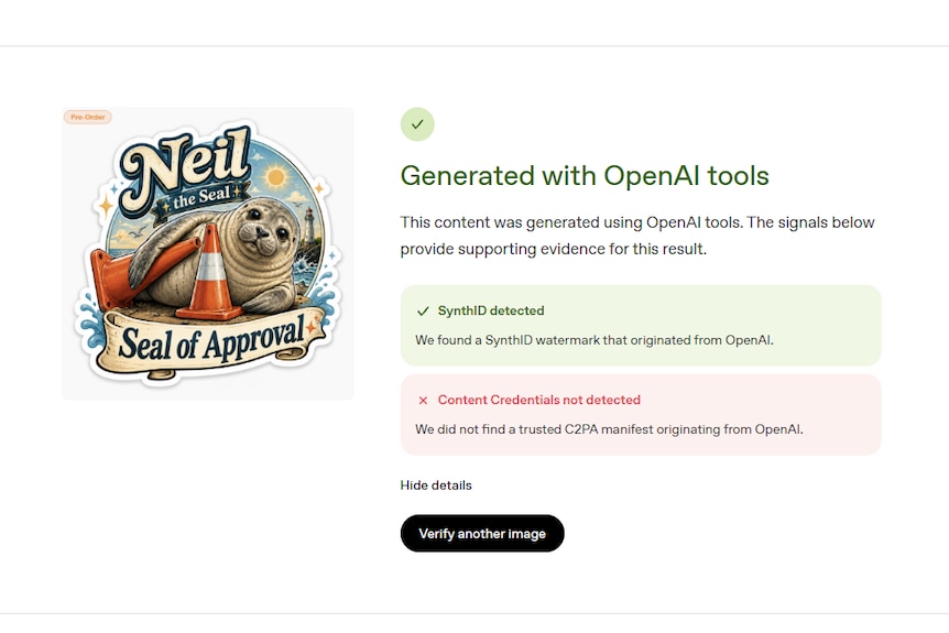 Screenshot from OpenAI's website which says a 'Neil the seal' sticker was generated by AI.