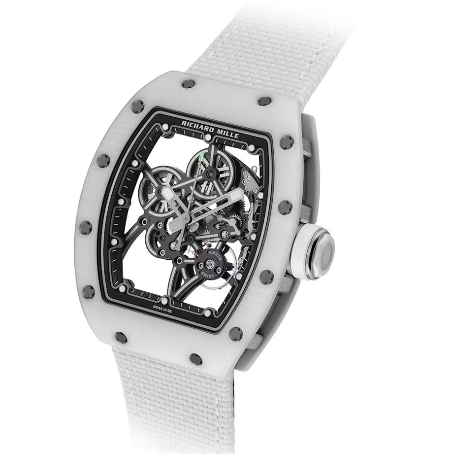luxury watch with a white ceramic case and visible gears. luxury watch with a white ceramic case and visible gears.