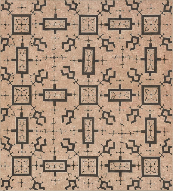 Geometric Aztec-inspired pattern with rectangular and zigzag shapes in black on a textured beige background.