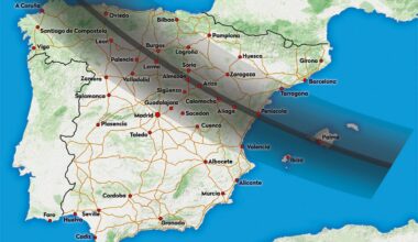 Map showing the path of the total solar eclipse across Spain and Portugal, 12 August 2026. Credit: BBC Sky at Night Magazine / Paul Wootton