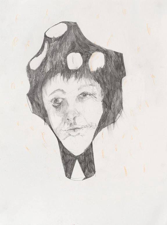Abstract drawing of a face with a mushroom-like hat featuring circular patterns and subtle orange markings on a white background.