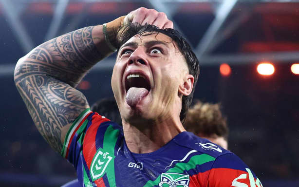 Charnze Nicoll-Klokstad  of the Warriors celebrates a try during the Brisbane Broncos v NZ Warriors, round 24 rugby league match of the NRL Telstra Premiership at Suncorp Stadium, Brisbane, Australia on Saturday 15 August 2026.
Photo: Jason O’Brien / Photosport