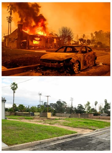 (COMBO) This combination of pictures created on January 5, 2026, (top) shows a home is completely engulfed in flames during the Eaton fire in the Altadena area of Los Angeles County, California on January 8, 2025 and (bottom) shows the vacant property where a home burned during the Eaton fire nearly one year ago in Altadena, California on January 5, 2026. (Photo by JOSH EDELSON / AFP)
