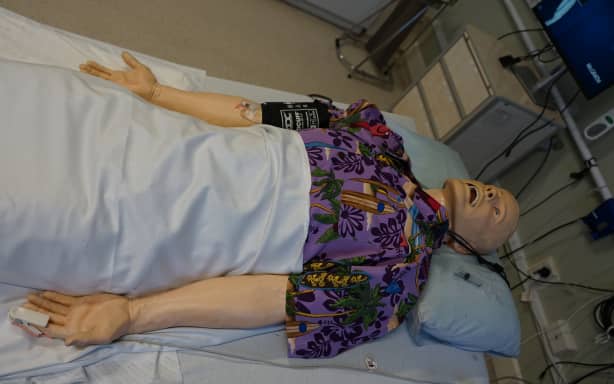 One of the adult-sized mannequins used at RHACA. This one is able to "breathe," scream and make vomiting sounds.