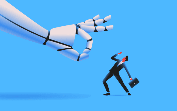 Giant robot flicking tiny man. Ai technologies and unemployment problem concept. Vector illustration.