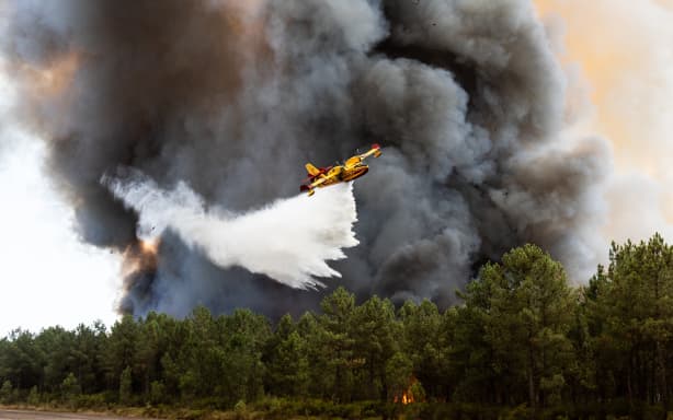Canadair firefighting aircraft are deployed to extinguish the wildfire on the Camp de Souge military training ground, near the town of Martignas-sur-Jalle, Gironde, on July 28, 2026. Over the past six days, the wildfire near Bordeaux has burned 42,000 hectares and forced 220,000 people to evacuate the region.
Des Canadair sont deployes pour eteindre l incendie sur le terrain militaire du camp de Souge, proche de la ville de Martignas-sur-Jalle, en Gironde, le 28 juillet 2026. Depuis ces six derniers jours, l incendie pres de Bordeaux a ravage 42 000 hectares et contraint 220 000 personnes a evacuer la region. (Photo by Gauthier Bedrignans / Hans Lucas via AFP)