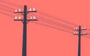 Mid century style illustration of two telegraph poles against red sky background