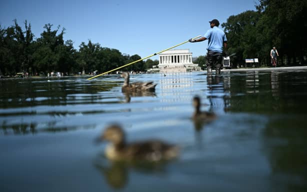 National Park Service workers push algae toward an aeration area in the center of the Lincoln Memorial Reflecting Pool as ducks swim nearby following the completion of recent renovations in Washington, DC, on June 16, 2026. The reflecting pool project, undertaken as part of President Donald Trump’s preparations for the nation’s 250th anniversary, began in April and was completed last week. (Photo by Brendan SMIALOWSKI / AFP)
