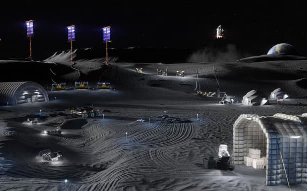An artist's rendering showing astronauts, habitats, rovers, power systems and cargo operations at the proposed Moon base.