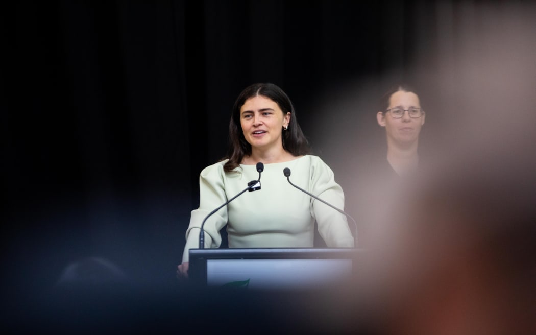 Green Party Co-Leader Chlöe Swarbrick delivering her 'State of the Planet' speech in Wellington.
