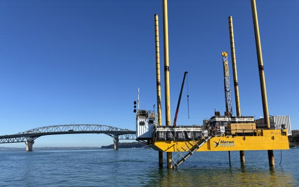 This jack-up barge is providing information about the seabed in the Waitematā harbour to inform plans of a second city harbour crossing.