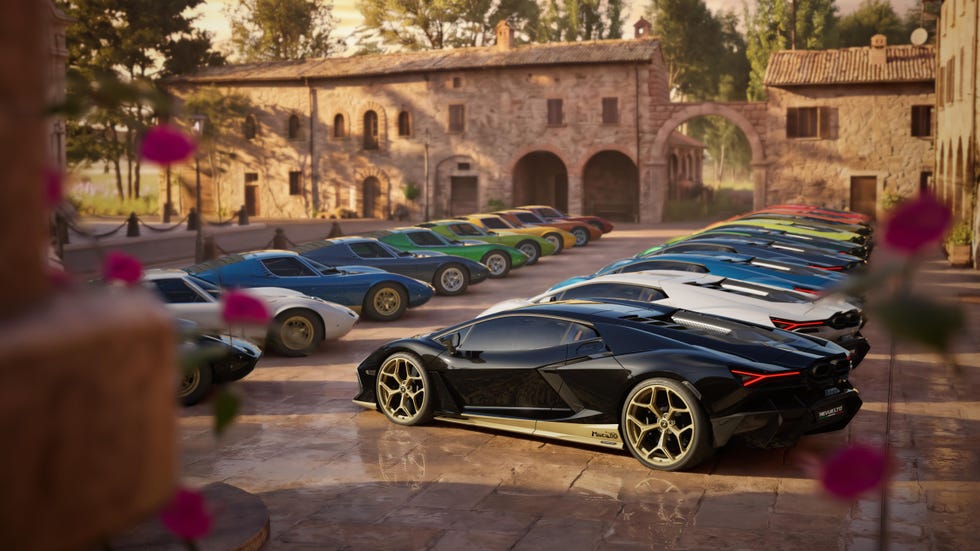 A black luxury sports car parked in front of a lineup of colorful vintage cars in a rustic setting. A black luxury sports car parked in front of a lineup of colorful vintage cars in a rustic setting.