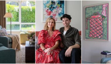 Una Burns, Novas, and James McNamara, interior designer, centre, and left, the living room at Novas, The Recovery Haven, and right, artwork by Carol Ahern.