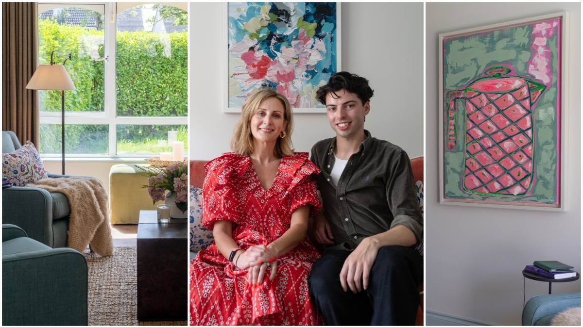 Una Burns, Novas, and James McNamara, interior designer, centre, and left, the living room at Novas, The Recovery Haven, and right, artwork by Carol Ahern.