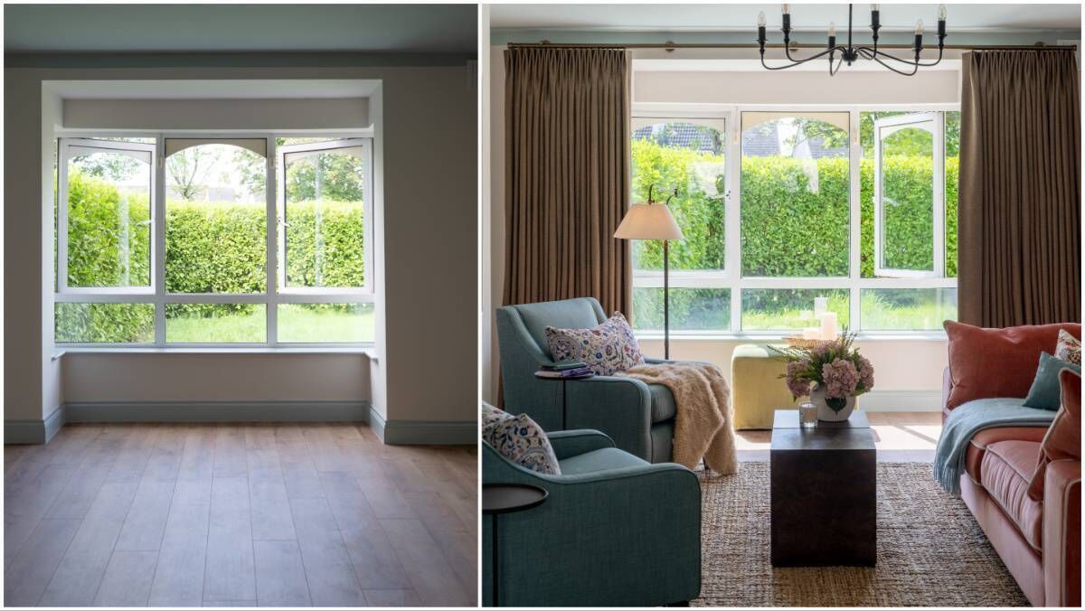 The living room in Novas, The Recovery Haven, before, left, and after. 