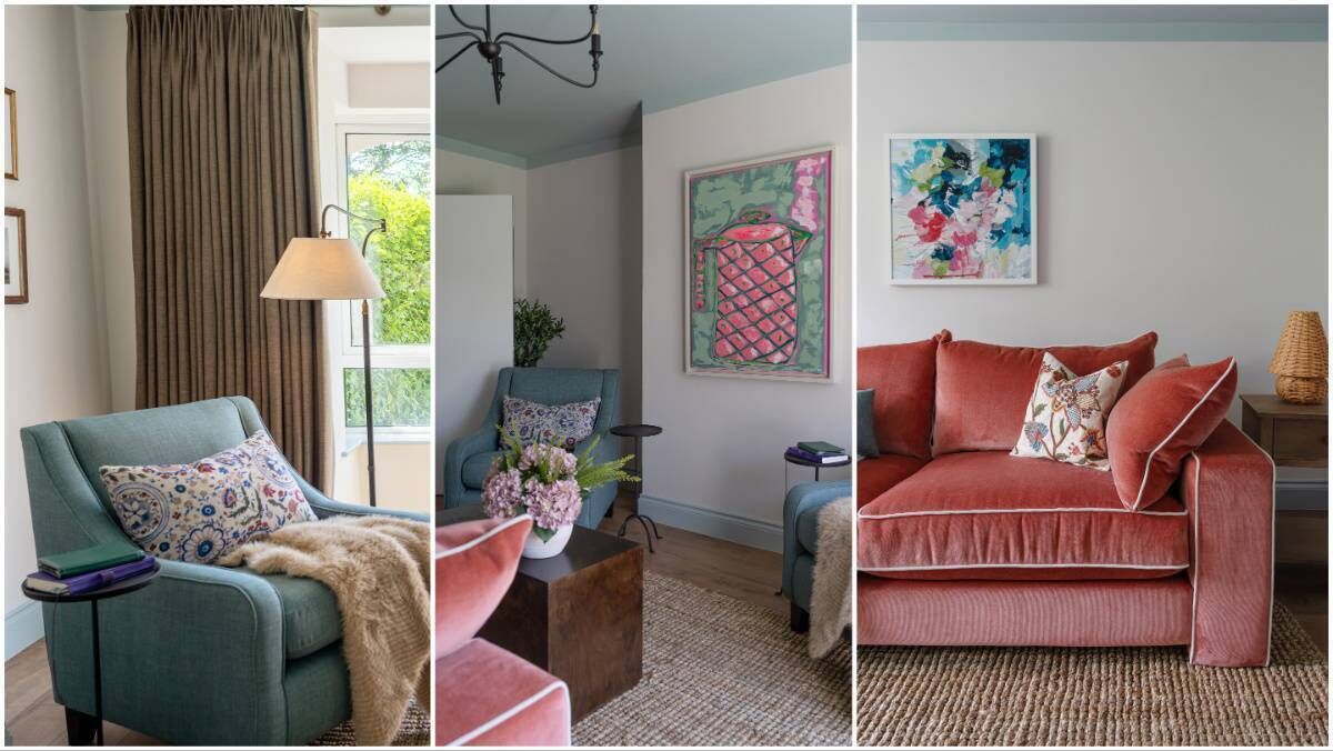 Kian accent chair in Sky, Dfs, left, artwork, centre, donated by  Carol Ahern, and the Joules Gilmorton sofa, Dfs, with art donated by Caroline Duffy and rug from Kukoon.