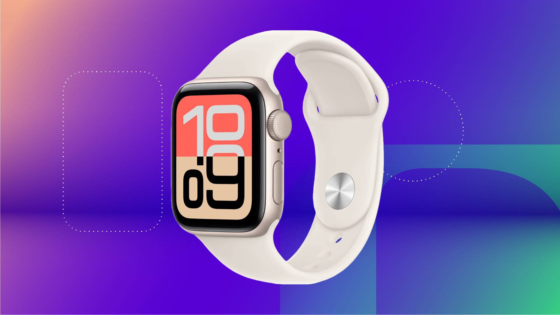 A white smartwatch against a purple gradient CNET background.