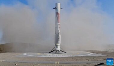 This screenshot from a video clip shows the first stage of the Zhuque-3 Y2 rocket successfully completing its land-based recovery, Aug. 19, 2026.