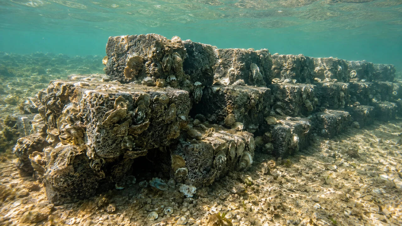 Representation of an artificial oyster habitat built from recycled foamed glass, providing a durable surface for oysters and other marine life to attach and thrive underwater. Image Credits: ChatGPT. 5991d35e-52ee-4d30-bd22-58c2903da0c3