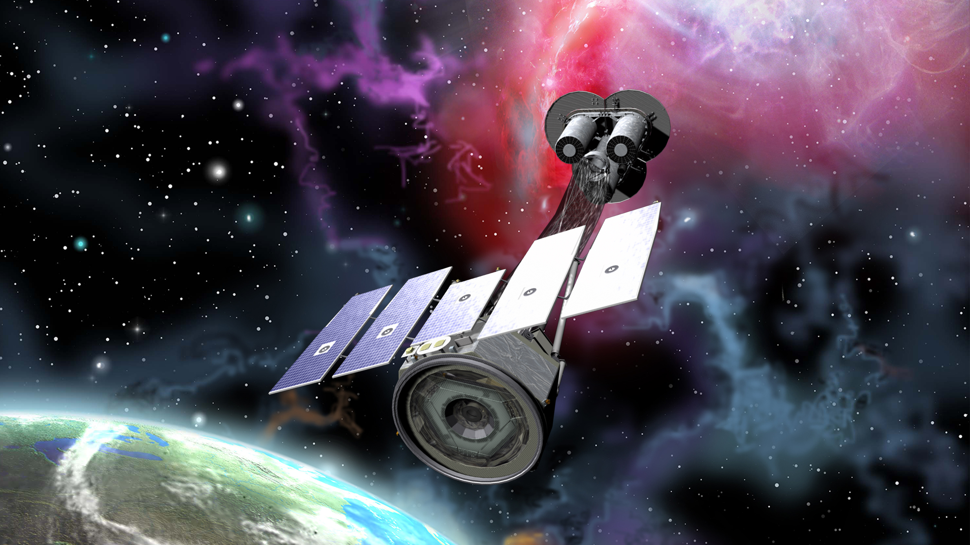 A visualization showing a long gray spacecraft with some solar panels on top. Earth is on the bottom left.