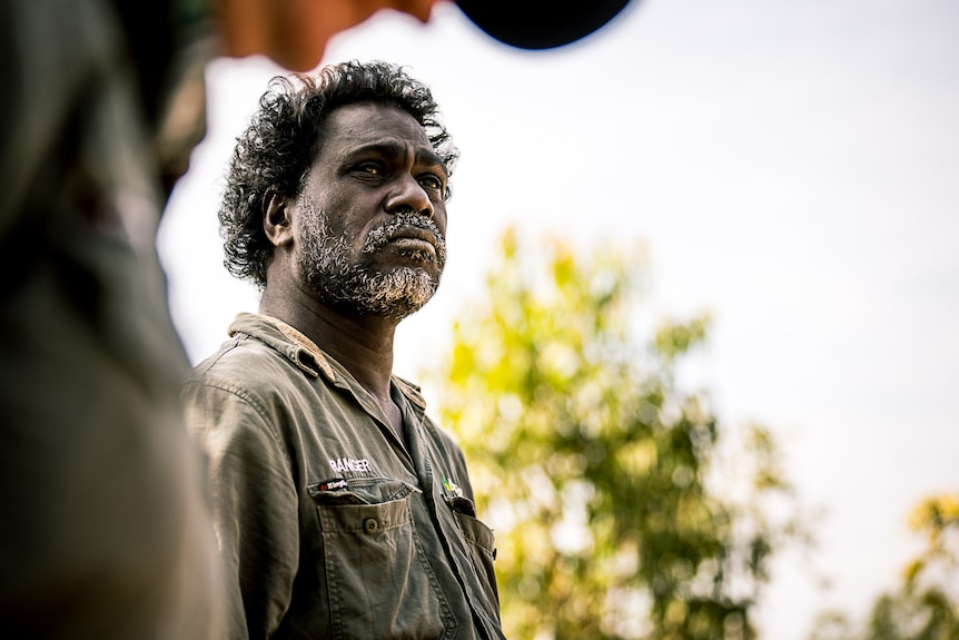 An Aboriginal man standing with a khaki shirt on, with serious expression looking out with green trees behind him.