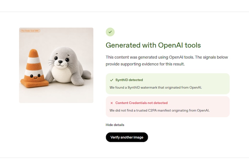 Screenshot from OpenAI's AI-generated image detection software. It shows the plushie for sale is AI generated.
