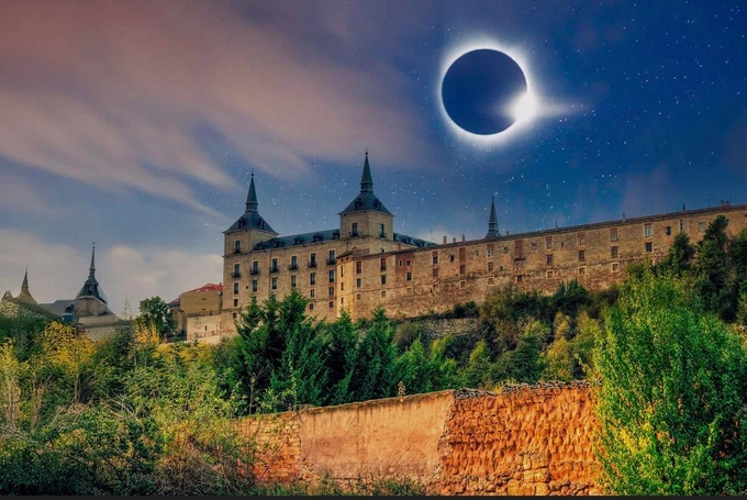 Illustration of the stone fortification Alcázar of Toledo in Spain during a total eclipse. Photo from Facebook