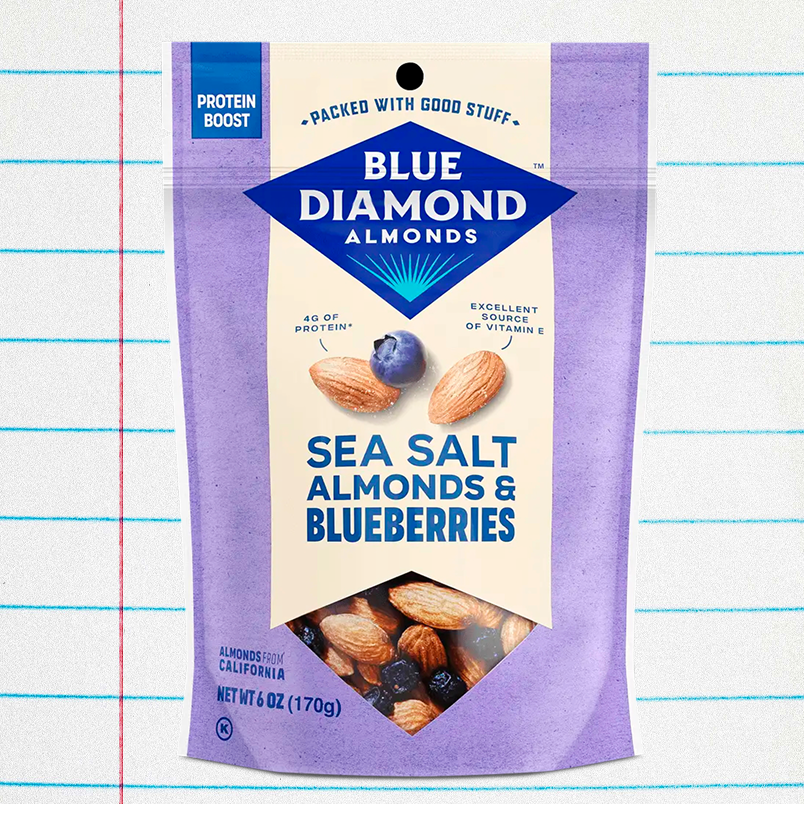 Sea salt almonds and blueberries in a 6 oz package by Blue Diamond Almonds. Sea salt almonds and blueberries in a 6 oz package by Blue Diamond Almonds.