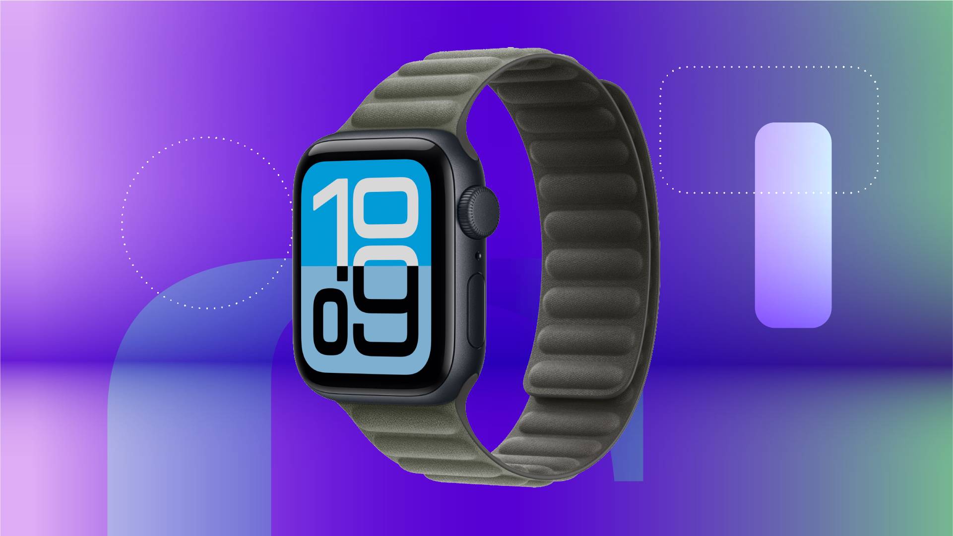 An Apple smartwatch against a purple gradient CNET background.