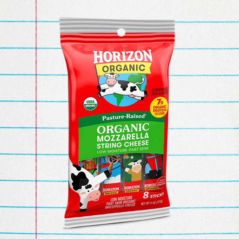 Horizon Organic mozzarella string cheese packaging featuring pasture-raised cow design and nutritional information. Horizon Organic mozzarella string cheese packaging featuring pasture-raised cow design and nutritional information.