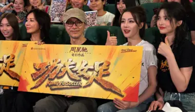 Director-actor Stephen Chow with his cast and fans at a Kung Fu Soccer screening in Hong Kong on Aug 8.