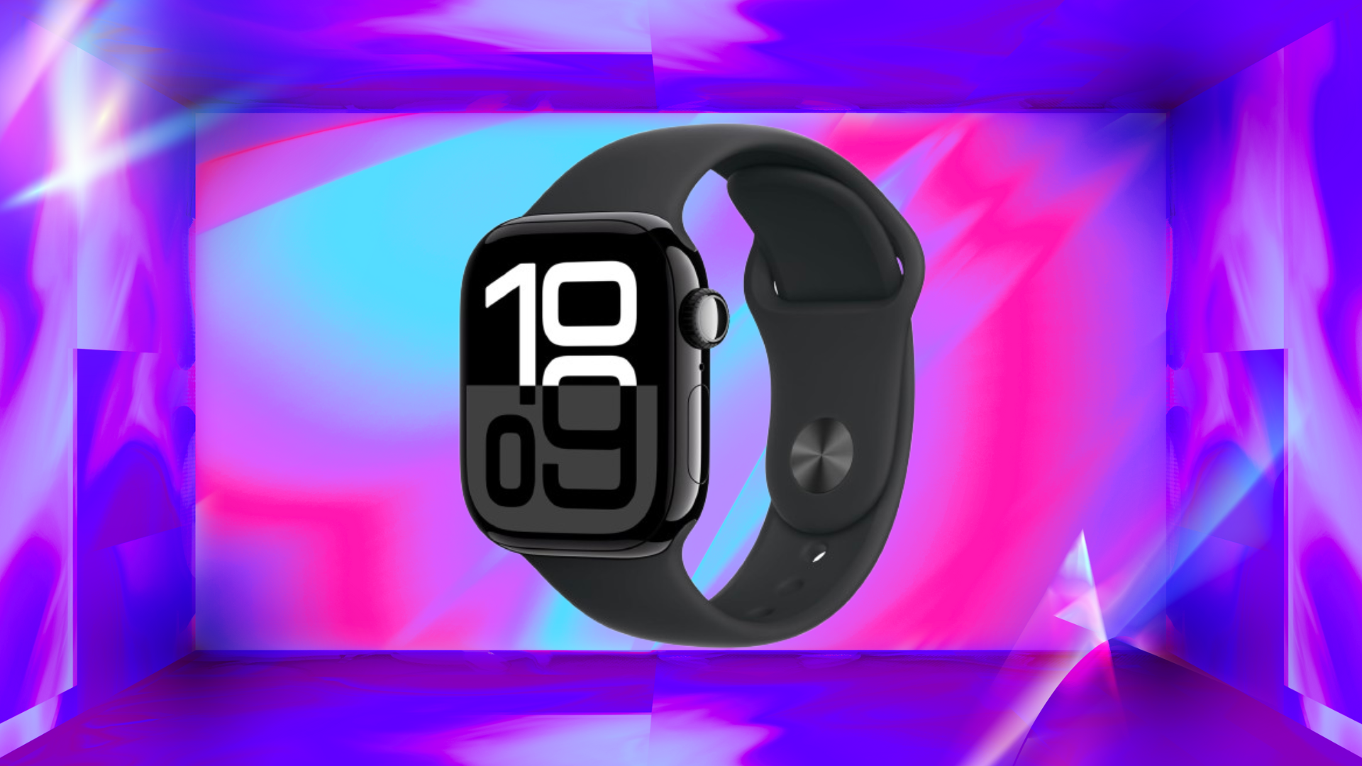 Black Apple Watch against cyan, hot pink, purple gradient background.