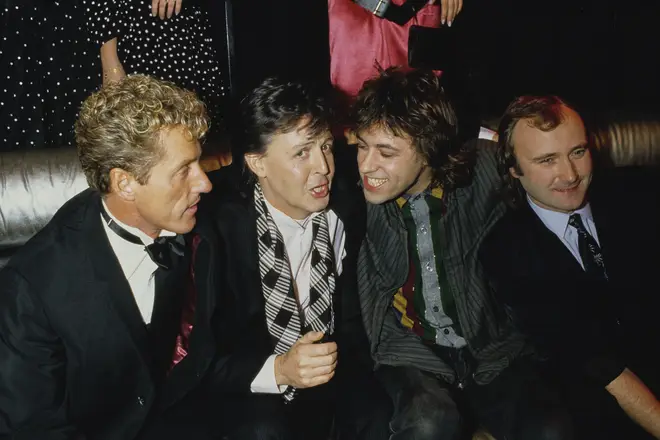 English singer Roger Daltrey, Paul McCartney, Irish singer-songwriter Bob Geldof, and Phil Collins attend a party held after the 13th Annual American Music Awards in Los Angeles in 1986.