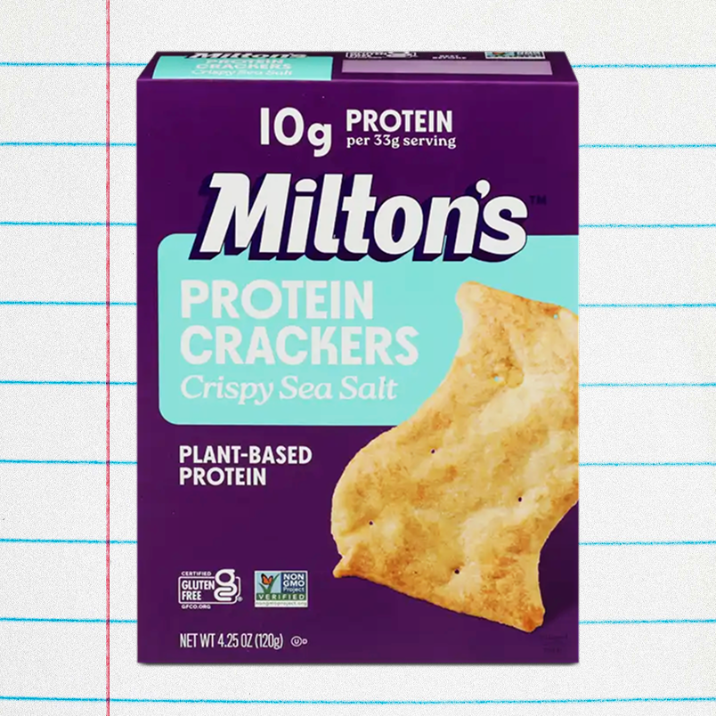 Milton's Protein Crackers box featuring Crispy Sea Salt flavor with plant-based protein information. Milton's Protein Crackers box featuring Crispy Sea Salt flavor with plant-based protein information.
