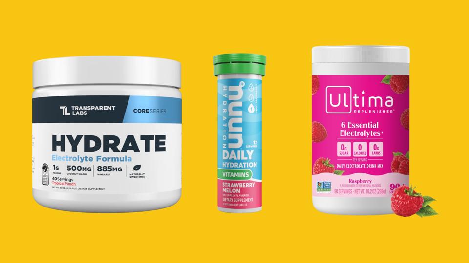 Three electrolyte powders against a yellow background.