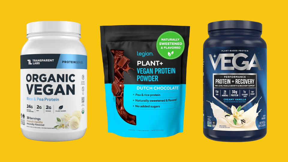 Three plant-based protein powders against a yellow background.