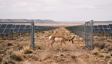 A pronghorn walking through a fence gap between solar panel arrays