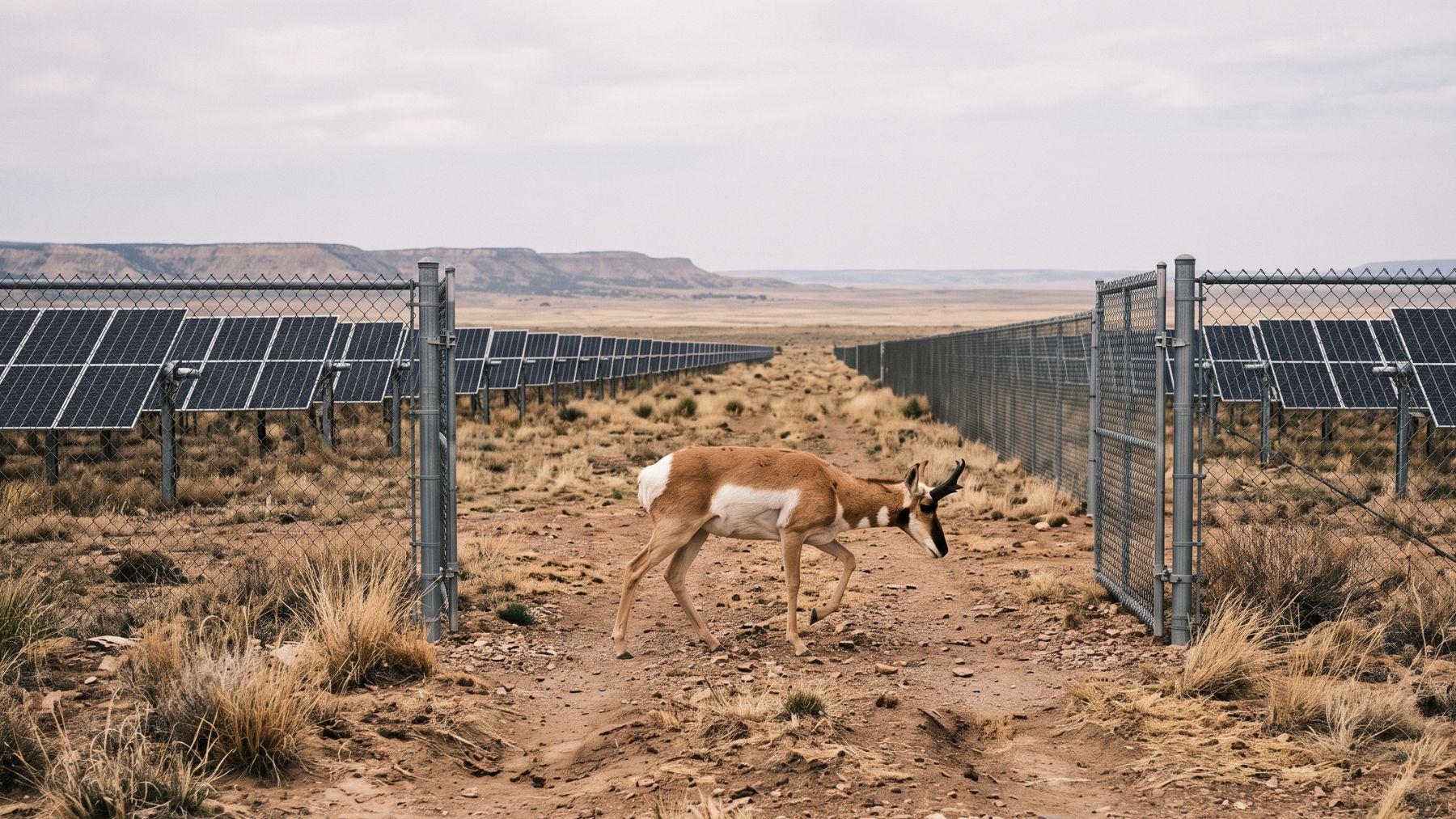 A pronghorn walking through a fence gap between solar panel arrays