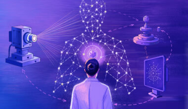 Illustration of a scientist facing an X-ray imaging device and a screen displaying data points, their body overlaid with a glowing neural network pattern connecting to the instruments, symbolizing AI-guided analysis of lab equipment.