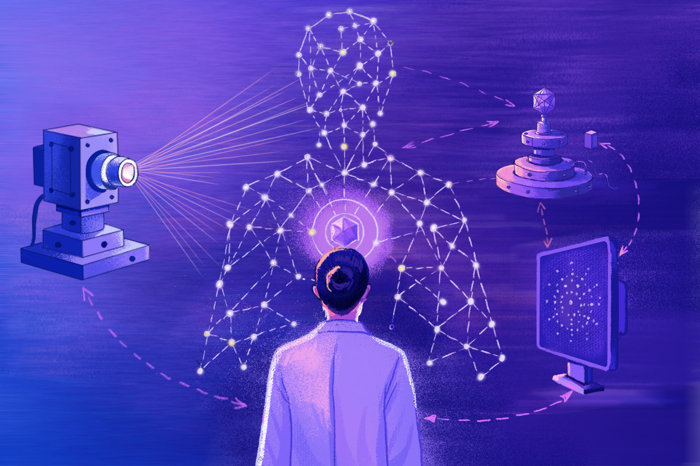 Illustration of a scientist facing an X-ray imaging device and a screen displaying data points, their body overlaid with a glowing neural network pattern connecting to the instruments, symbolizing AI-guided analysis of lab equipment.