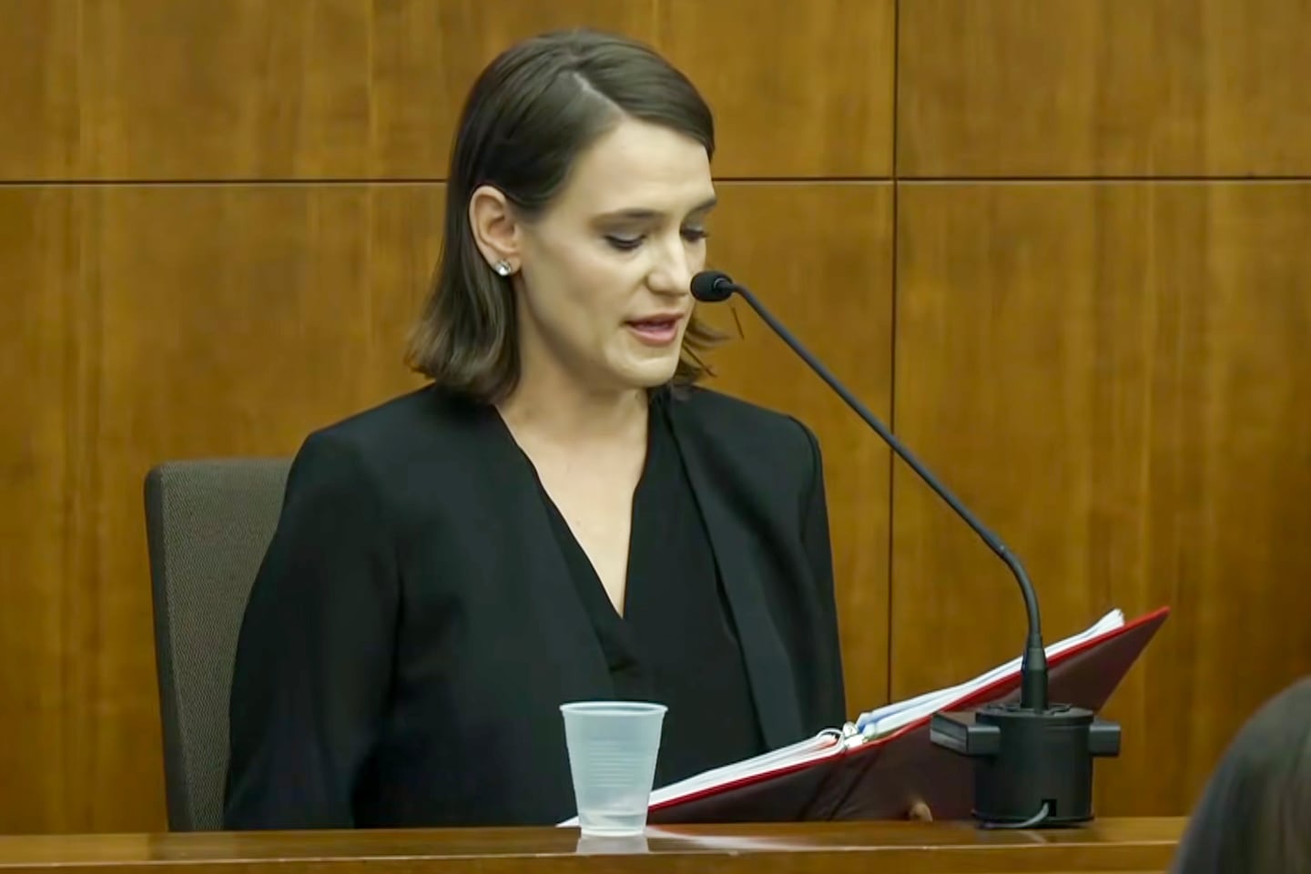 Rebecca Jollotta reads over notes taken treating Clancy during the Lindsay Clancy murder trial at Plymouth Superior Court in Plymouth, Monday, Aug. 11, 2026. 