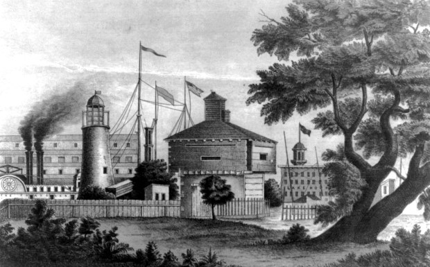 An illustration of Old Fort Dearborn in 1856 Chicago shows a blockhouse in the center with a lighthouse to the left. (Library of Congress)